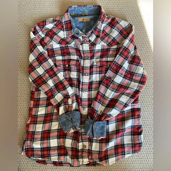 Jachs Girlfriend Flannel Pearl Snap Blouse Size Large Red, White, Black Plaid - Picture 5 of 6